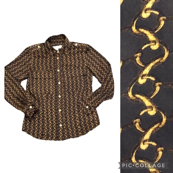 MICHAEL Michael Kors Chain Link Button Up Blouse Brown Gold XS - Picture 1 of 9